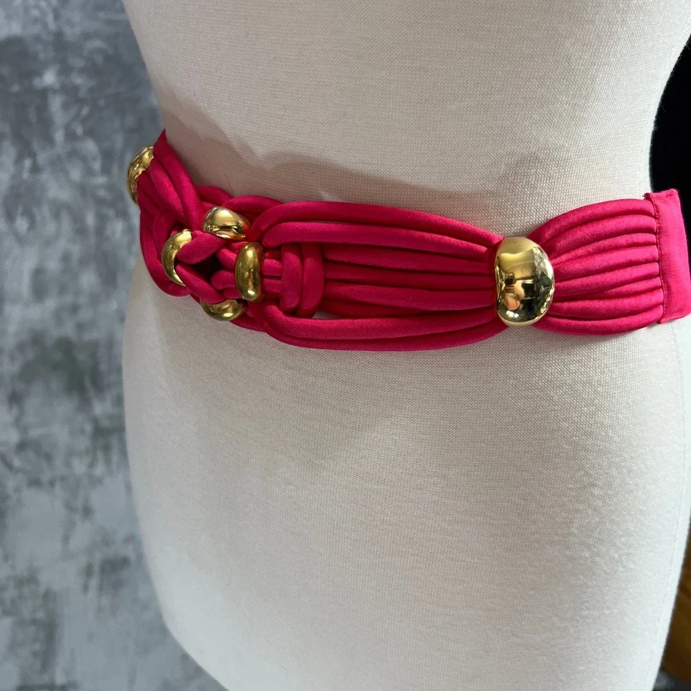 VTG 80s Hot Pink Knotted Braided Fabric Statement Belt Gold Hook Loop Retro S/M